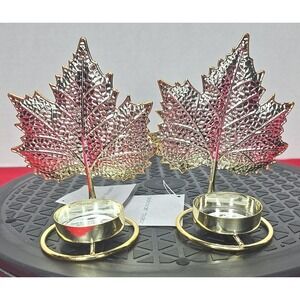 2 Gold Tone Leaf Shaped Metal Votive Candle Holders‎ New 4 Inch
